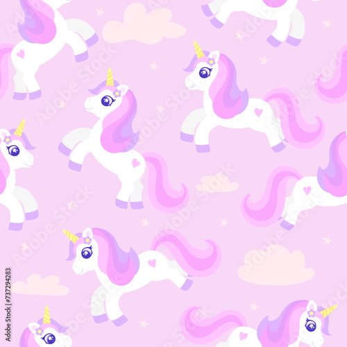 Hand drawn vector with one cute unicorn, stars and hearts. Print for t-shirt seamless pattern