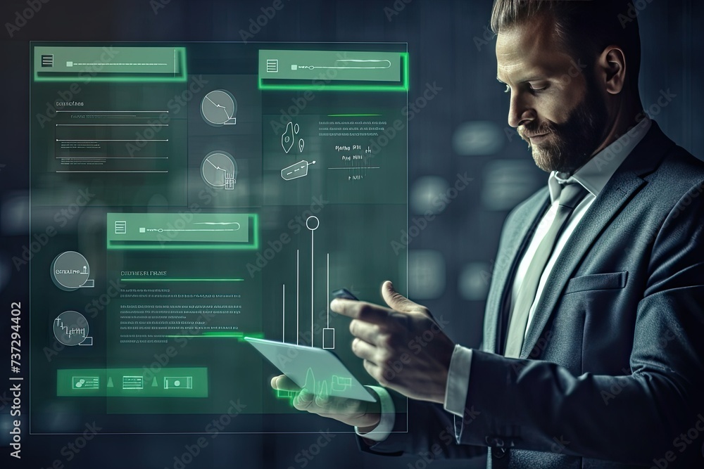 Business man in suit puts check mark on dashboard, businessman on touch screen Business man in suit puts check mark on dashboard, businessman on touch screen