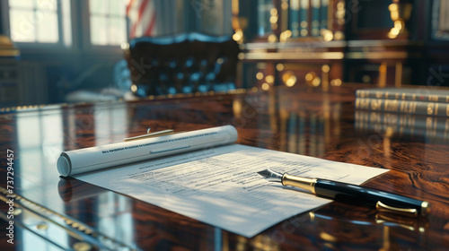 confidential document, filled with redacted text, lying on a polished mahogany desk, a classic fountain pen alongside, in a well-appointed executive office photo