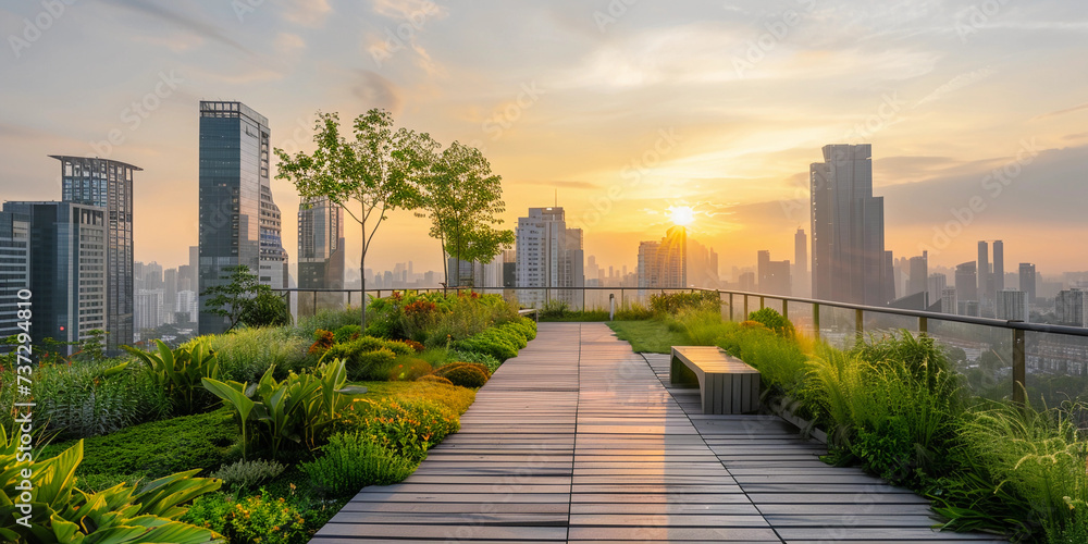 green rooftop garden on a skyscraper, integrating sustainable agriculture and modern architecture, with a panoramic view of the city skyline at sunrise
