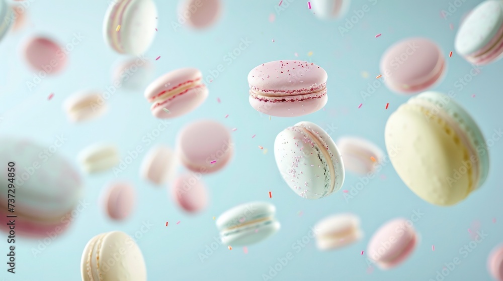 Fototapeta premium Colorful macarons floating on the air