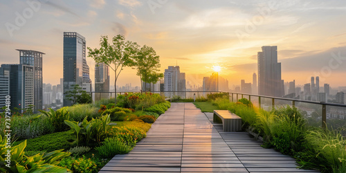 green rooftop garden on a skyscraper, integrating sustainable agriculture and modern architecture, with a panoramic view of the city skyline at sunrise © Marco Attano