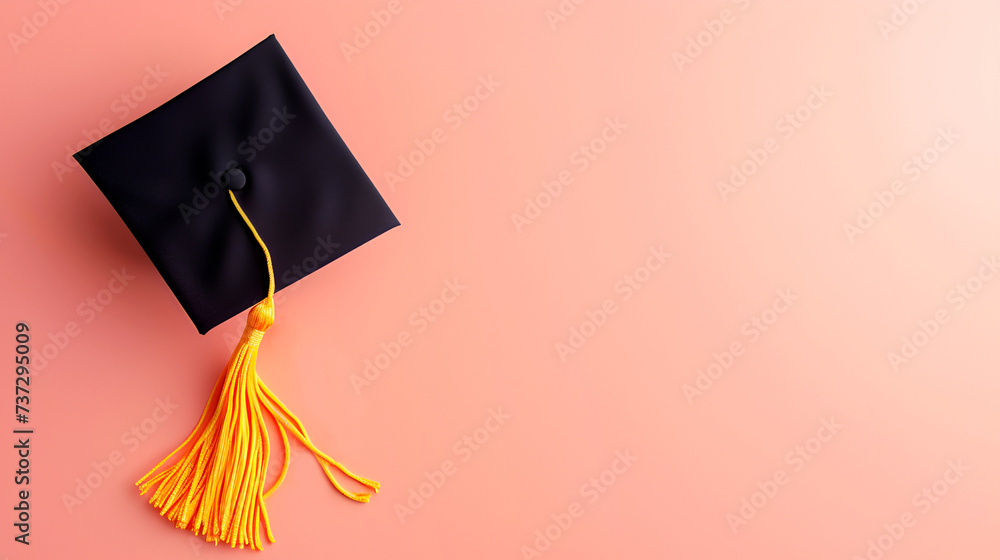 Black graduation cap or hat with yellow tassel on pastel peach pink background education and study Academic cap or Mortarboard - obrazy, fototapety, plakaty 