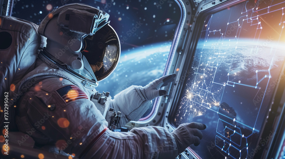 astronaut in a cutting-edge space suit examining a holographic map of the galaxy on a spacecraft, with the Earth visible through a window in the background, signifying space exploration innovation