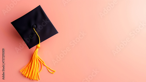 Black graduation cap or hat with yellow tassel on pastel peach pink background education and study Academic cap or Mortarboard photo