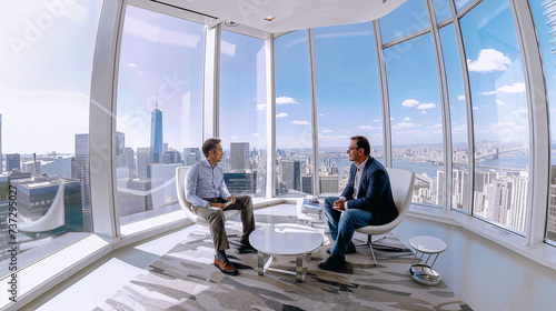 deux hommes d'affaires discutant dans un bureau vitré donnant sur la ville photo