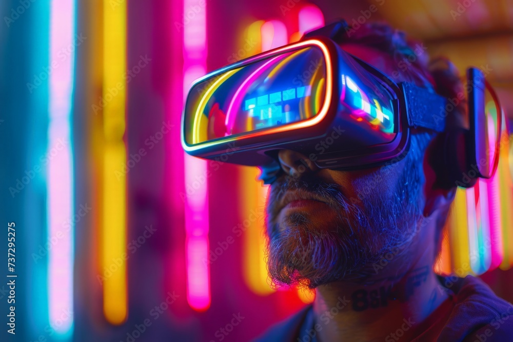Man using virtual reality goggles on a background with colorful neon lights. Concept of technology, VR, metaverse and future. Man using virtual reality goggles on a background with colorful neon lights. Concept of technology, VR, metaverse and future.