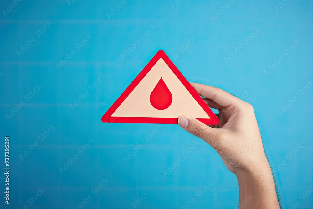 Holding hand alert sign on blue background, system warning error pop up ...