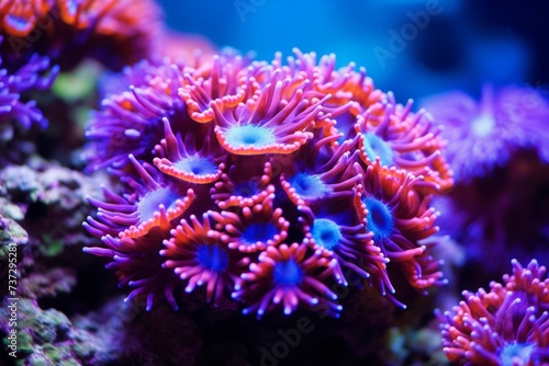 Vibrant coral polyps in a thriving coral reef © KerXing