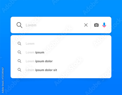 Search Bar with suggestions for UI UX design and web site. Search Address and navigation bar icon. Collection of search form templates for websites. Search engine web browser window template.