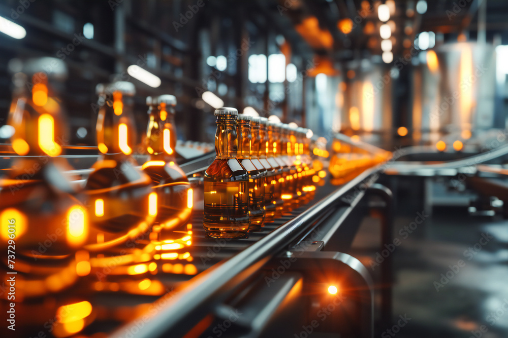 Water bottles on a conveyor belt in a modern beverage plant