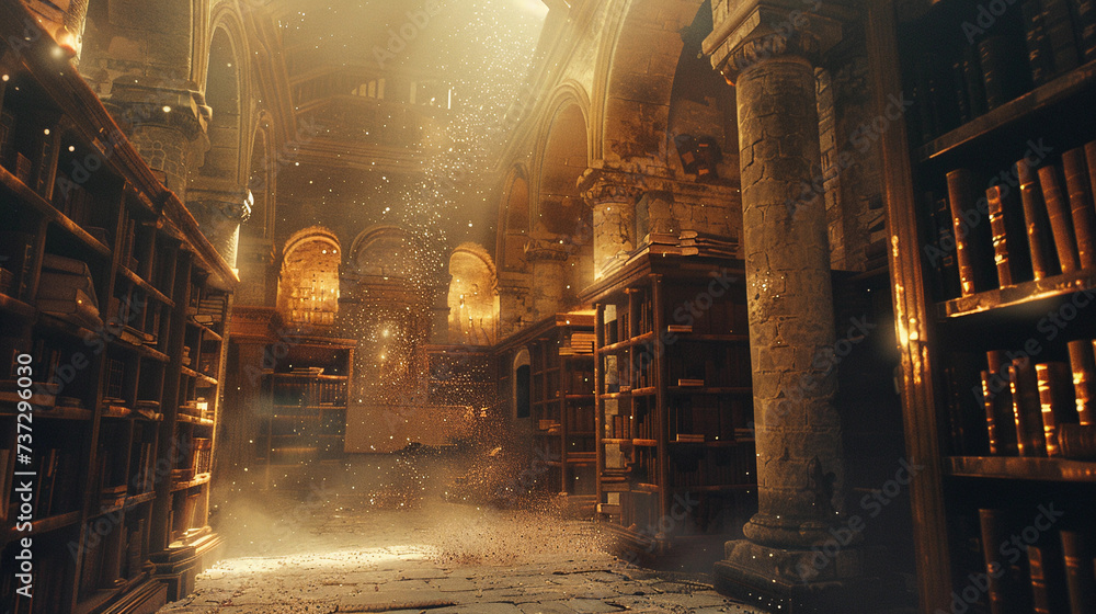 secret underground library, ancient books, dust particles in the air illuminated by shafts of light - obrazy, fototapety, plakaty 
