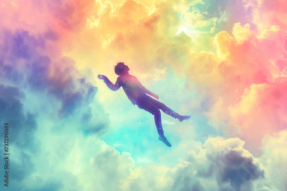 Person surrounded by swirling clouds, demonstrating visualization techniques to alleviate stress and promote relaxation.