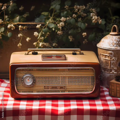 Vintage radio on a checkered tablecloth.