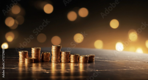 Gold coins piles, investment and savings and business growth concept template background. 