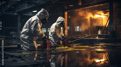 Emergency response specialists for radioactive and chemical accidents, wearing protective suits, work in an old room, Sewer, Basement, factory, at the disaster site.