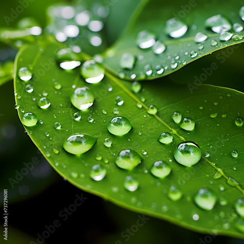 Water droplets on a fresh green leaf.