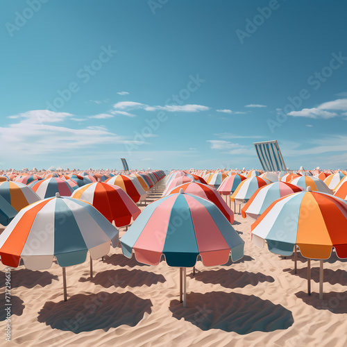 Rows of colorful beach umbrellas on a sunny day. 