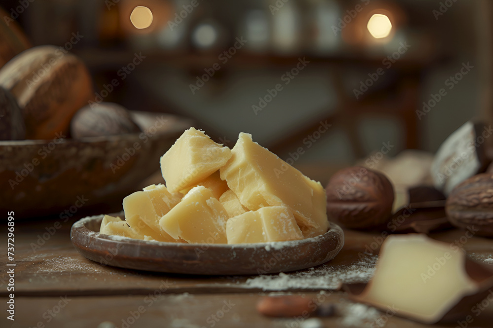 Artisanal cocoa butter on wooden surface for baking or chocolate making. Cocoa butter and nuts, essential for chocolate crafts. Organic cocoa butter blocks, rich in texture and aroma.
