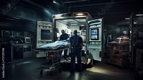 Paramedics at work in a modern medical facility.