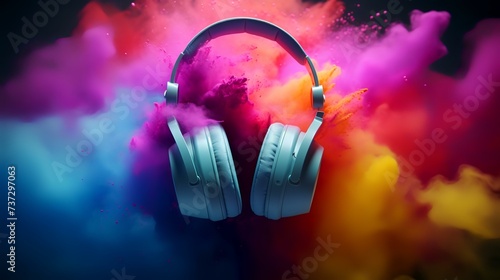 A Headphone and vivid color powder. Creative music