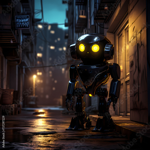 A futuristic robot with glowing eyes in a dark alley