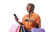 Bags, phone and black woman with a credit card, shopping and isolated on transparent png background. Female person, banking app and happy with transaction, payment and smile for promo or ecommerce