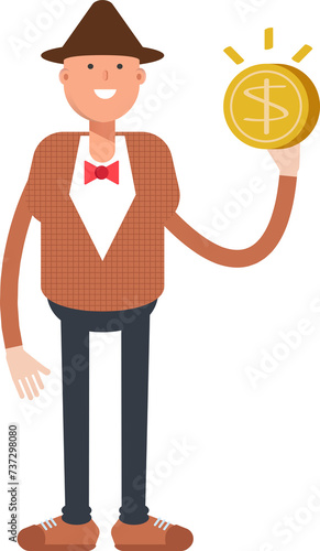 Man with Hat Character Holding Dollar Coin 