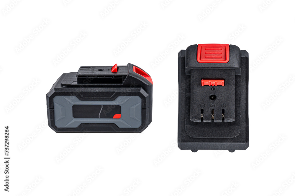 Batteries for cordless tools. Screwdriver battery. Batteries with charge indicator isolated on white background. Batteries for cordless tools. Screwdriver battery. Batteries with charge indicator isolated on white background.