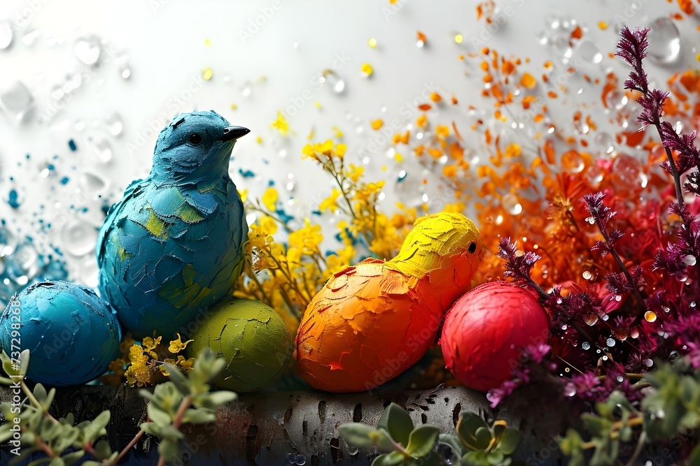 Easter background with coloured eggs. AI generative.
