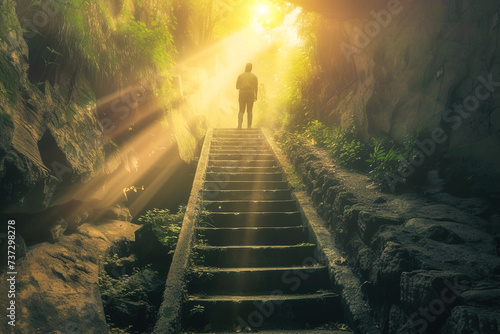 Person visualizing themselves climbing a staircase towards a bright, hopeful future, aiding in overcoming depression.