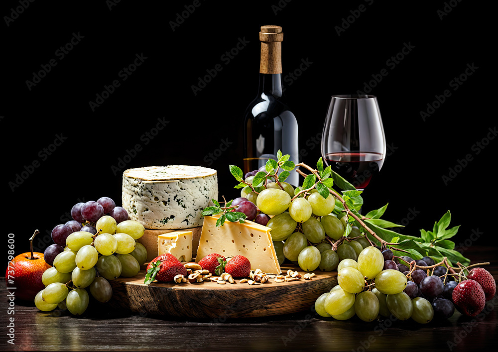 Wine, grapes and cheese on a wooden table Dark background