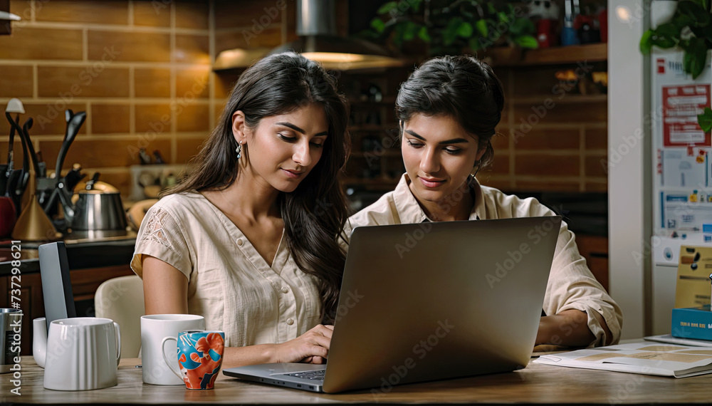 Two young businesswomen working on laptop computer at coffee shop Business and technology concept Two young businesswomen working on laptop computer at coffee shop Business and technology concept