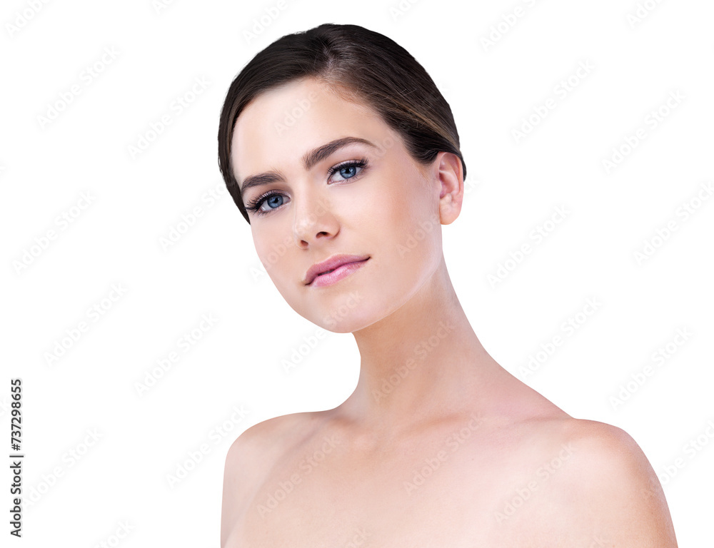 Beauty, skincare and portrait of woman with cosmetics, confidence and isolated on transparent png background. Dermatology, natural makeup and face of girl with skin glow, wellness and healthy facial. Beauty, skincare and portrait of woman with cosmetics, confidence and isolated on transparent png background. Dermatology, natural makeup and face of girl with skin glow, wellness and healthy facial.