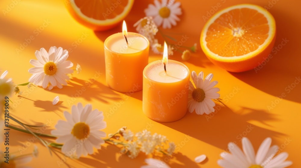 Aroma candles with floral scent on orange Aroma candles with floral scent on orange