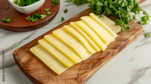 Cheddar cheese slices on a wooden board