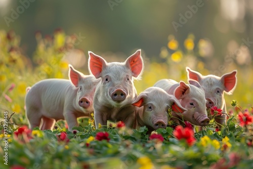 Piglets grazing free on an animal welfare and organic production farm to generate healthier and more environmentally friendly food.