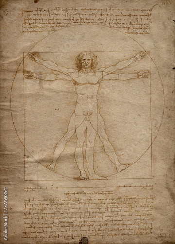 Vitruvian man, ancient drawing on paper