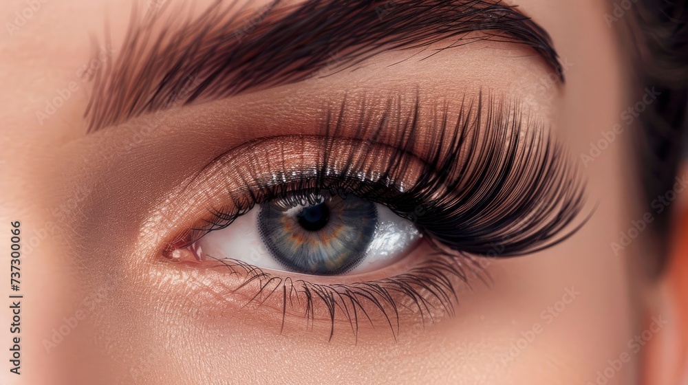 Extreme Long False Eyelashes Transforming a Female Eye. Close-up Macro Shot of Eyelash Extensions, Representing Makeup, Cosmetics, and Beauty Extreme Long False Eyelashes Transforming a Female Eye. Close-up Macro Shot of Eyelash Extensions, Representing Makeup, Cosmetics, and Beauty