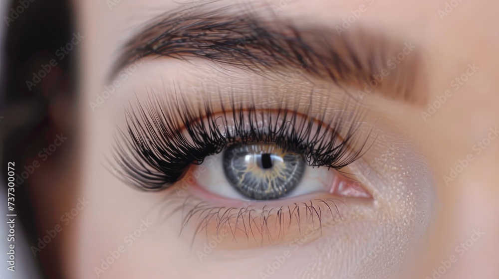 Extreme Long False Eyelashes Transforming a Female Eye. Close-up Macro Shot of Eyelash Extensions, Representing Makeup, Cosmetics, and Beauty Extreme Long False Eyelashes Transforming a Female Eye. Close-up Macro Shot of Eyelash Extensions, Representing Makeup, Cosmetics, and Beauty