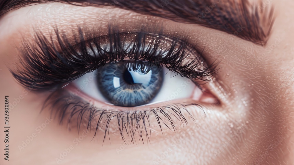 Extreme Long False Eyelashes Transforming a Female Eye. Close-up Macro Shot of Eyelash Extensions, Representing Makeup, Cosmetics, and Beauty Extreme Long False Eyelashes Transforming a Female Eye. Close-up Macro Shot of Eyelash Extensions, Representing Makeup, Cosmetics, and Beauty