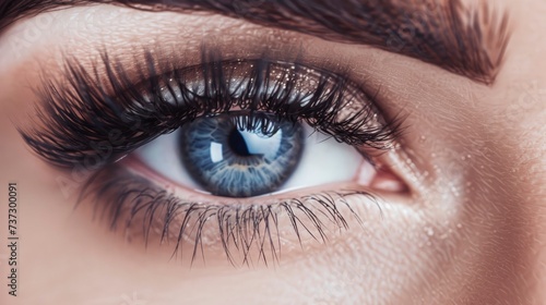 Extreme Long False Eyelashes Transforming a Female Eye. Close-up Macro Shot of Eyelash Extensions, Representing Makeup, Cosmetics, and Beauty