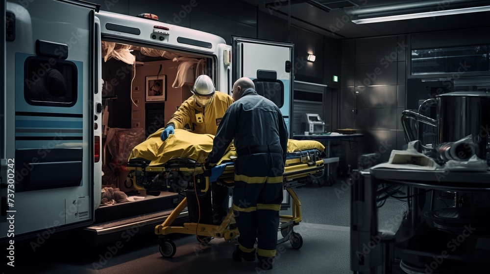 Paramedics at work in a modern ambulance provide first aid to an injured patient. Paramedics at work in a modern ambulance provide first aid to an injured patient.
