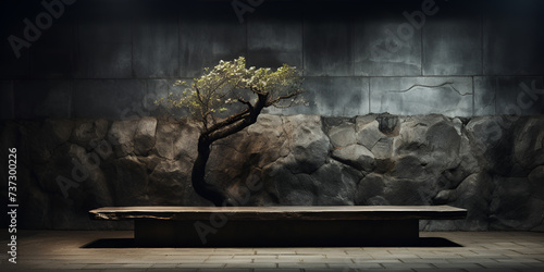   Bonsai Tree in a dark with vintage Barn Door Beauty and a stone Concrete wall background   photo