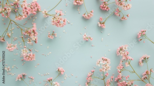 Romantic floral with tiny delicate pink waxflowers sprinkled over a pale pastel blue background