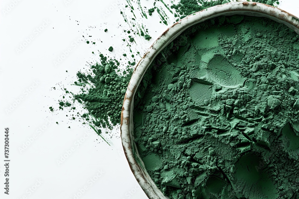 Obraz premium Close-up shot vibrant green spirulina powder arranged in a bowl on white background