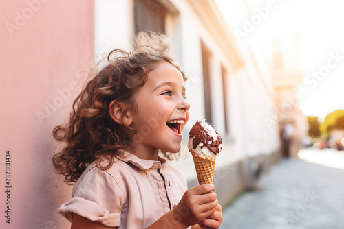 Happy cute little caucasian girl eating a chocolate ice cream, leaning against a wall in the street photo
