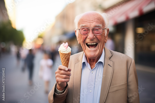 Happy older 80 years caucasian man holding an ice cream cone in her hand, out-of-focus street in the background