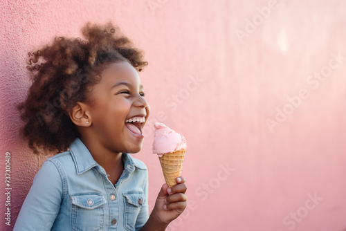 Happy black girl eating a strawberry ice cream  leaning against a wall in the street