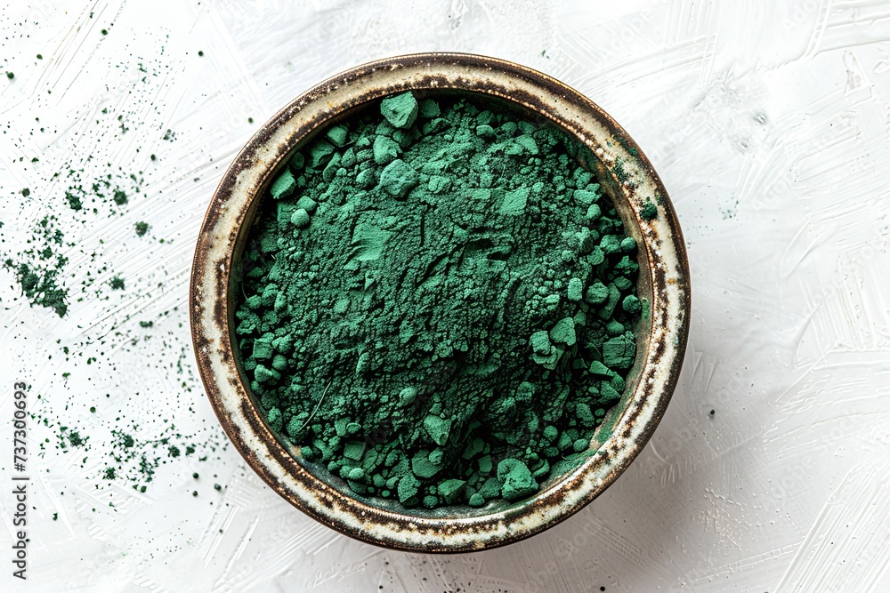 Close-up shot vibrant green spirulina powder arranged in a bowl on white background